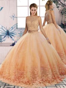 Modest Peach Tulle Backless Ball Gown Prom Dress Sleeveless Sweep Train Lace