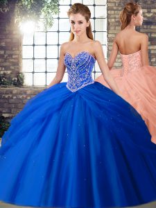 Royal Blue Sweet 16 Dresses Military Ball and Sweet 16 and Quinceanera with Beading and Pick Ups Sweetheart Sleeveless Brush Train Lace Up