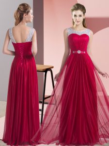 Lovely Wine Red Empire Beading and Belt Quinceanera Court Dresses Lace Up Chiffon Sleeveless Floor Length