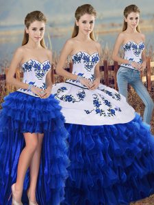 Royal Blue Sleeveless Embroidery and Ruffled Layers and Bowknot Floor Length 15 Quinceanera Dress