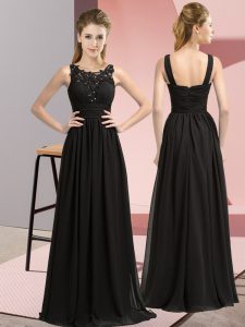 Beautiful Floor Length Black Quinceanera Court Dresses Chiffon Sleeveless Beading and Appliques
