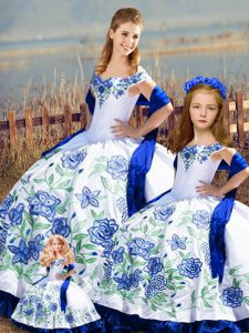 Embroidery and Ruffles Quince Ball Gowns Blue And White Lace Up Sleeveless Floor Length