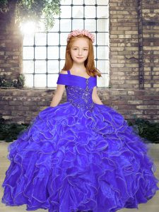 Elegant Purple Lace Up Pageant Gowns For Girls Beading and Ruffles Sleeveless Floor Length