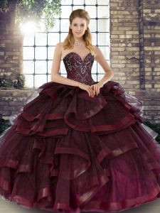 Amazing Burgundy Sleeveless Floor Length Beading and Ruffles Lace Up Sweet 16 Quinceanera Dress