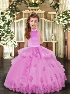 Perfect Lilac Ball Gowns High-neck Sleeveless Tulle Floor Length Backless Beading and Appliques Little Girls Pageant Dress Wholesale