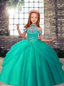 Sleeveless Floor Length Beading Lace Up Child Pageant Dress with Turquoise