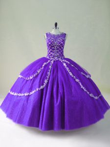 Floor Length Zipper 15 Quinceanera Dress Purple for Sweet 16 and Quinceanera with Beading and Appliques