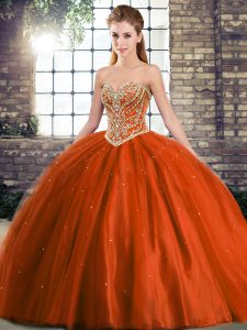 Superior Rust Red Ball Gown Prom Dress Sweetheart Sleeveless Brush Train Lace Up