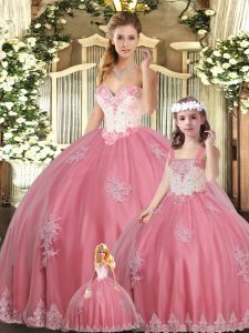 Watermelon Red Lace Up Quinceanera Dresses Sleeveless Floor Length Beading and Appliques