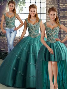 Straps Sleeveless Lace Up Sweet 16 Quinceanera Dress Teal Tulle