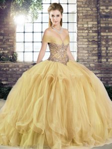 Affordable Gold 15th Birthday Dress Military Ball and Sweet 16 and Quinceanera with Beading and Ruffles Off The Shoulder Sleeveless Lace Up