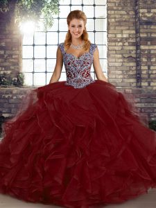 Wine Red Ball Gown Prom Dress Military Ball and Sweet 16 and Quinceanera with Beading and Ruffles Straps Sleeveless Lace Up