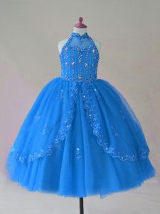 Floor Length Blue Pageant Gowns For Girls High-neck Sleeveless Lace Up