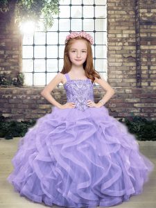 Floor Length Ball Gowns Sleeveless Lavender Little Girl Pageant Gowns Lace Up