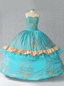 Aqua Blue Ball Gowns Sweetheart Sleeveless Satin and Organza Floor Length Lace Up Embroidery and Bowknot Ball Gown Prom Dress