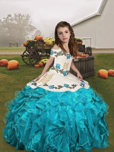 Custom Designed Aqua Blue Lace Up Straps Embroidery and Ruffles Girls Pageant Dresses Organza Sleeveless