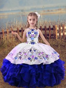 Sweet Organza Scoop Sleeveless Lace Up Embroidery and Ruffles Child Pageant Dress in Royal Blue