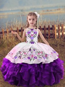 Floor Length Purple Pageant Gowns For Girls Organza Sleeveless Embroidery and Ruffles