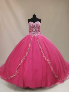 Smart Hot Pink Ball Gowns Tulle Sweetheart Sleeveless Beading Lace Up Vestidos de Quinceanera Court Train