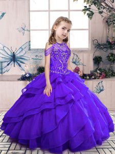 Glorious Sleeveless Organza Floor Length Lace Up Kids Pageant Dress in Purple with Beading and Ruffled Layers