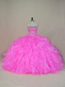 Fancy Pink Strapless Lace Up Beading and Ruffles Ball Gown Prom Dress Sleeveless