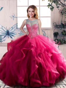 Fuchsia Ball Gowns Beading and Ruffles Quinceanera Dresses Lace Up Tulle Sleeveless Floor Length