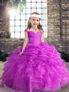 Discount Floor Length Fuchsia Little Girls Pageant Gowns Organza Sleeveless Beading and Ruffles and Pick Ups