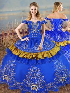 Sophisticated Sleeveless Satin Floor Length Lace Up Sweet 16 Quinceanera Dress in Blue with Embroidery