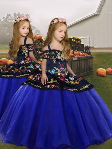 Floor Length Royal Blue Little Girls Pageant Dress Wholesale Organza Sleeveless Embroidery and Ruffles