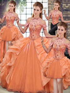 Top Selling Orange Quinceanera Dresses Military Ball and Sweet 16 and Quinceanera with Beading and Ruffles Halter Top Sleeveless Lace Up