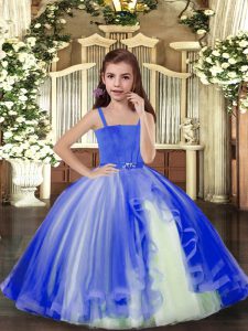 Custom Designed Floor Length Blue Child Pageant Dress Straps Sleeveless Lace Up