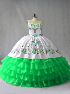 Sumptuous Green Organza Lace Up Sweetheart Sleeveless Floor Length 15 Quinceanera Dress Embroidery and Ruffled Layers