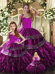 Latest Fuchsia Ball Gowns Halter Top Sleeveless Organza Floor Length Lace Up Embroidery and Ruffles Quinceanera Dress