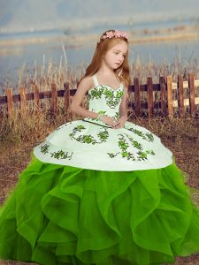 Stylish Floor Length Lace Up Kids Pageant Dress Green for Party and Sweet 16 and Wedding Party with Embroidery and Ruffles