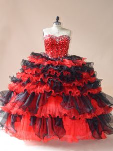 Red And Black Sleeveless Floor Length Beading and Ruffled Layers Lace Up Quinceanera Dresses