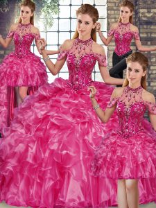 Clearance Fuchsia Ball Gowns Halter Top Sleeveless Organza Floor Length Lace Up Beading and Ruffles Quinceanera Gowns