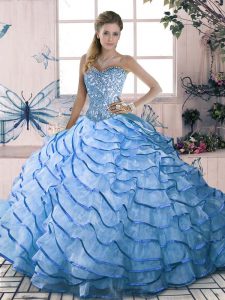 Blue Ball Gowns Beading and Ruffles 15 Quinceanera Dress Lace Up Sleeveless