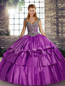 Sweet Purple Taffeta Lace Up Straps Sleeveless Floor Length Sweet 16 Quinceanera Dress Beading and Ruffled Layers