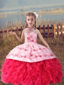 High End Floor Length Ball Gowns Sleeveless Coral Red Kids Formal Wear Lace Up