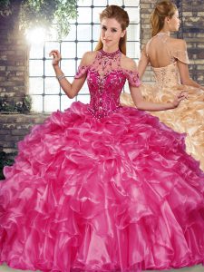 Fantastic Fuchsia Halter Top Lace Up Beading and Ruffles Ball Gown Prom Dress Sleeveless