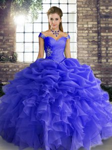 Perfect Organza Off The Shoulder Sleeveless Lace Up Beading and Ruffles and Pick Ups Sweet 16 Dresses in Blue