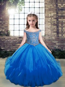 Modern Blue Lace Up Off The Shoulder Beading Pageant Gowns For Girls Tulle Sleeveless