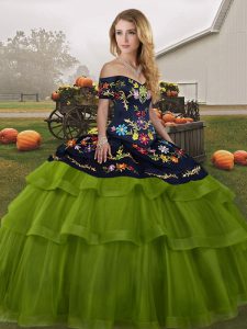 Designer Tulle Sleeveless Quinceanera Gown Brush Train and Embroidery and Ruffled Layers