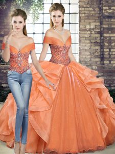 Pretty Two Pieces Ball Gown Prom Dress Orange Off The Shoulder Organza Sleeveless Floor Length Lace Up