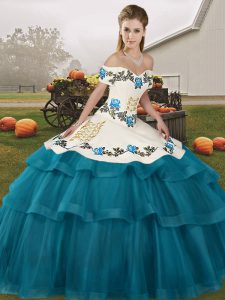 Sleeveless Embroidery and Ruffled Layers Lace Up Quinceanera Gown with Teal Brush Train