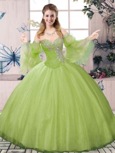 Olive Green Long Sleeves Floor Length Beading Lace Up Quinceanera Gowns