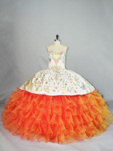 Perfect Orange Ball Gowns Embroidery and Ruffles Sweet 16 Dresses Lace Up Organza Sleeveless Floor Length