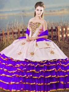 Glorious White And Purple Lace Up 15th Birthday Dress Beading and Ruffled Layers Sleeveless Floor Length