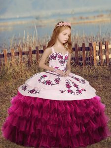 Simple Fuchsia Little Girls Pageant Gowns For with Embroidery and Ruffles Straps Sleeveless Lace Up