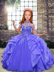 Simple Halter Top Sleeveless Organza Pageant Gowns For Girls Beading and Ruffles Lace Up